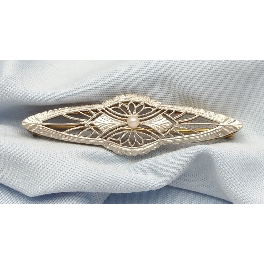 Vintage Victorian 14k Karat Solid Two Tone Multi Color Gold Pearl Brooch Pin